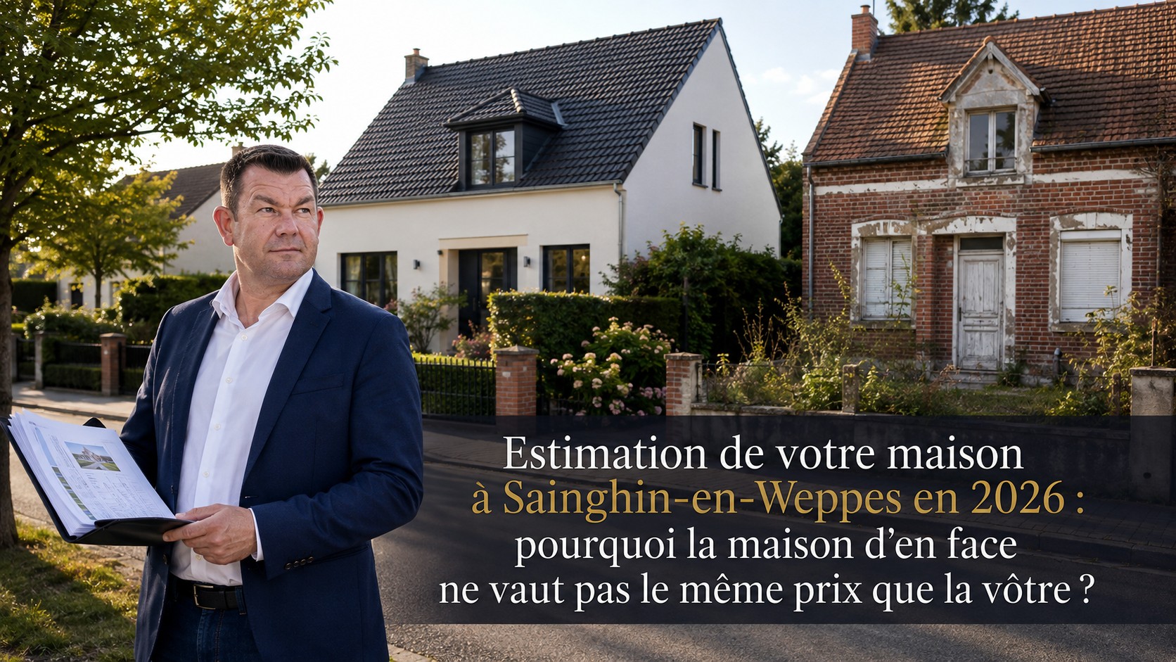 Frédéric Kryszke devant deux maisons voisines à Sainghin-en-Weppes, l'une rénovée, l'autre plus ancienne